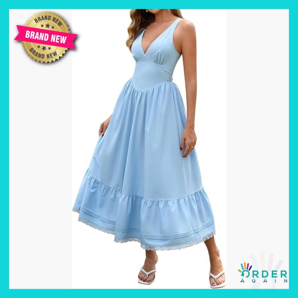 Floral Lace Midi Dress V Neck Corset Waist A Line Sundress Wedding Guest